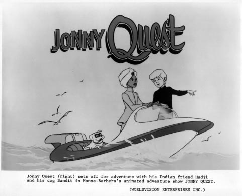 Jonny Quest (right) sets off for adventure with his Indian friend Hadji and his dog Bandit in Hanna-Barbera's animated adventure show JONNY QUEST.