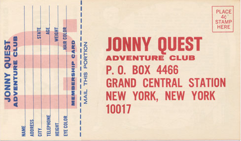 Jonny Quest Adventure Club Membership Card [stub and mailing address].